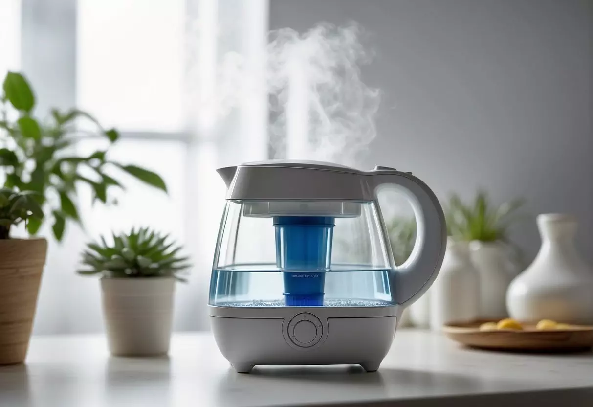 A baby humidifier sits on a clean, white countertop. A clear pitcher of tap water is nearby, ready to be poured into the humidifier