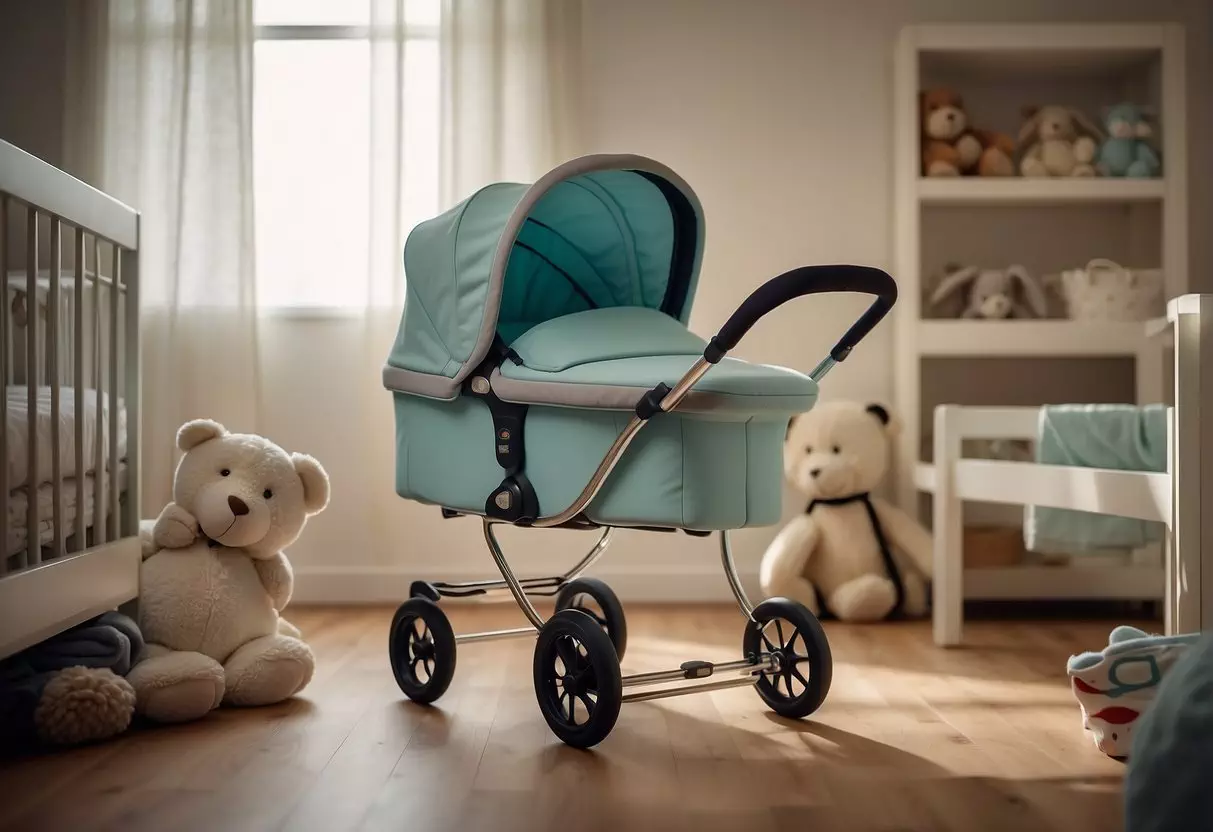 A brand new empty pram sitting in a softly lit nursery, surrounded by baby clothes and toys, waiting to be filled with the arrival of a little one