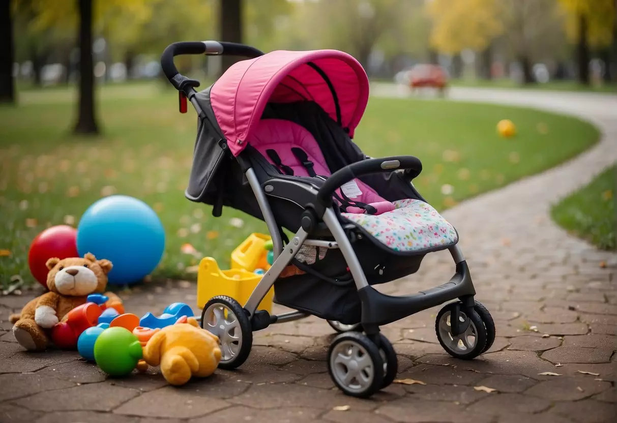 A stroller sits abandoned in a park, surrounded by scattered toys and a frustrated parent trying to coax their upset 2-year-old to sit inside