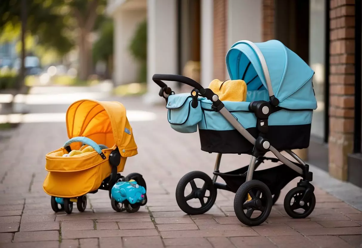 A 6-month-old's diaper bag, toys, and a sturdy umbrella stroller with safety straps and a reclining seat