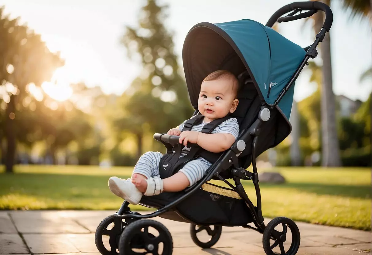 A 6-month-old sits comfortably in an umbrella stroller, surrounded by cushioned padding and secured with a 5-point harness. The adjustable canopy provides shade, while a storage basket holds essentials