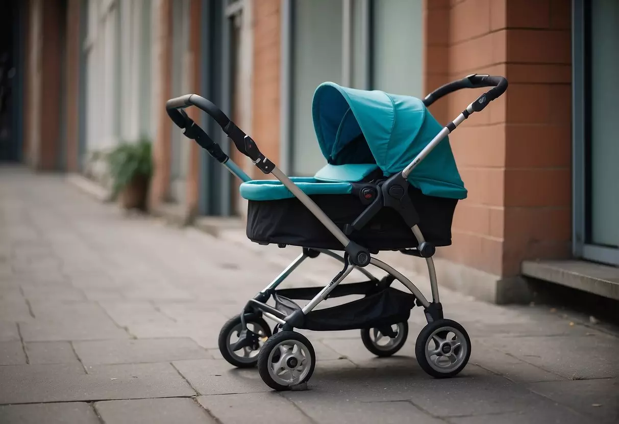 A worn-out stroller with broken wheels and torn fabric sits abandoned in a corner, surrounded by newer, sleeker models on display