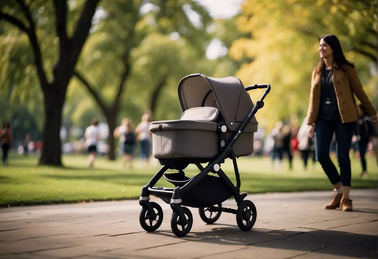 A Bugaboo stroller surrounded by happy families in a bustling city park, with sleek design and practical features on display