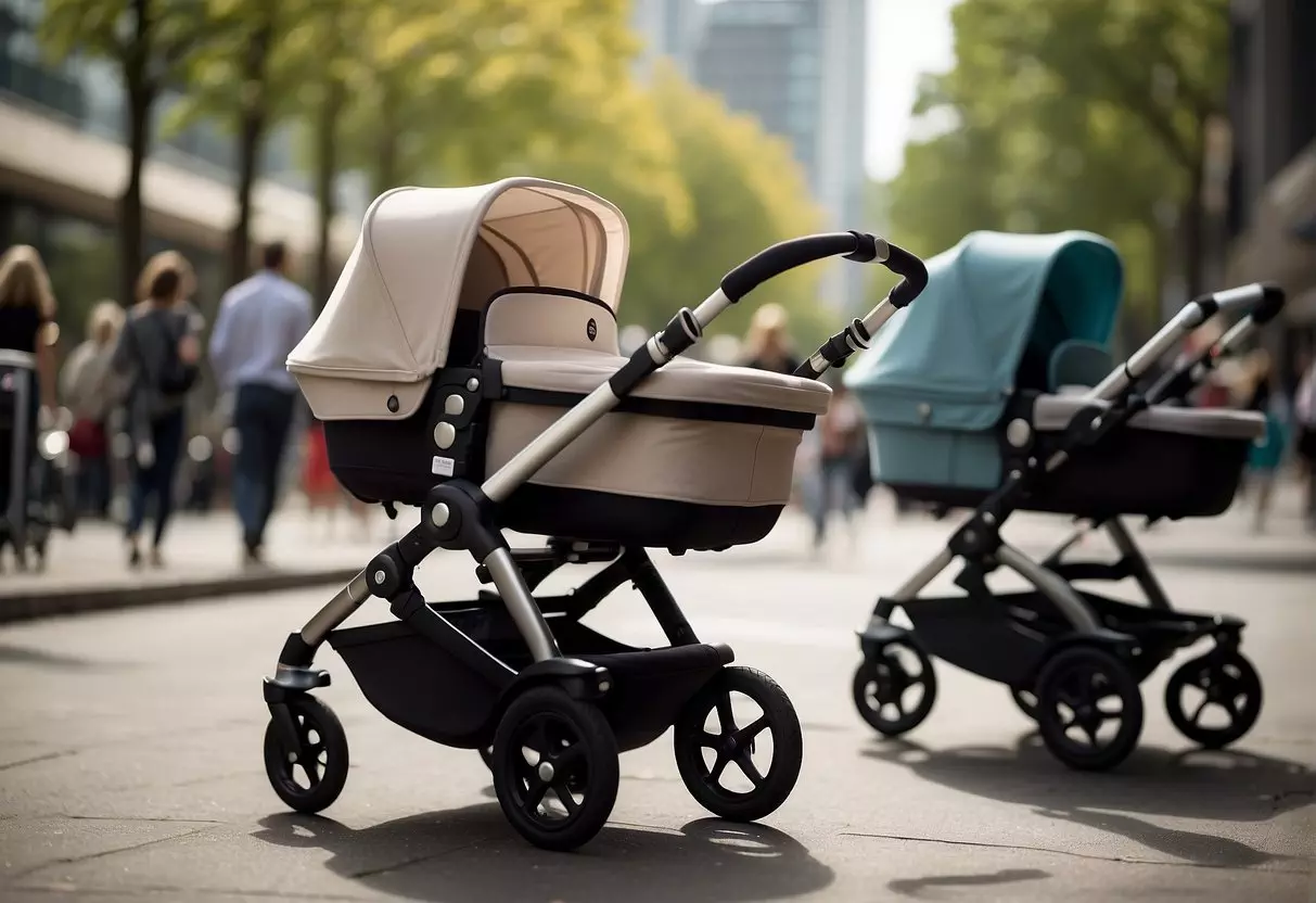 A Bugaboo stroller stands out among a crowd of generic strollers, drawing admiring glances from passersby. Its sleek design and high-quality materials exude a sense of luxury and sophistication, making it a coveted accessory for stylish parents