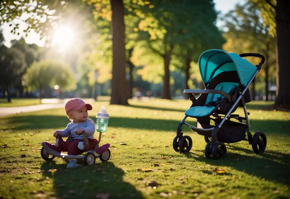 A pushchair sits empty in a park, surrounded by colorful toys and a sippy cup. Sunshine filters through the trees, casting dappled shadows on the ground