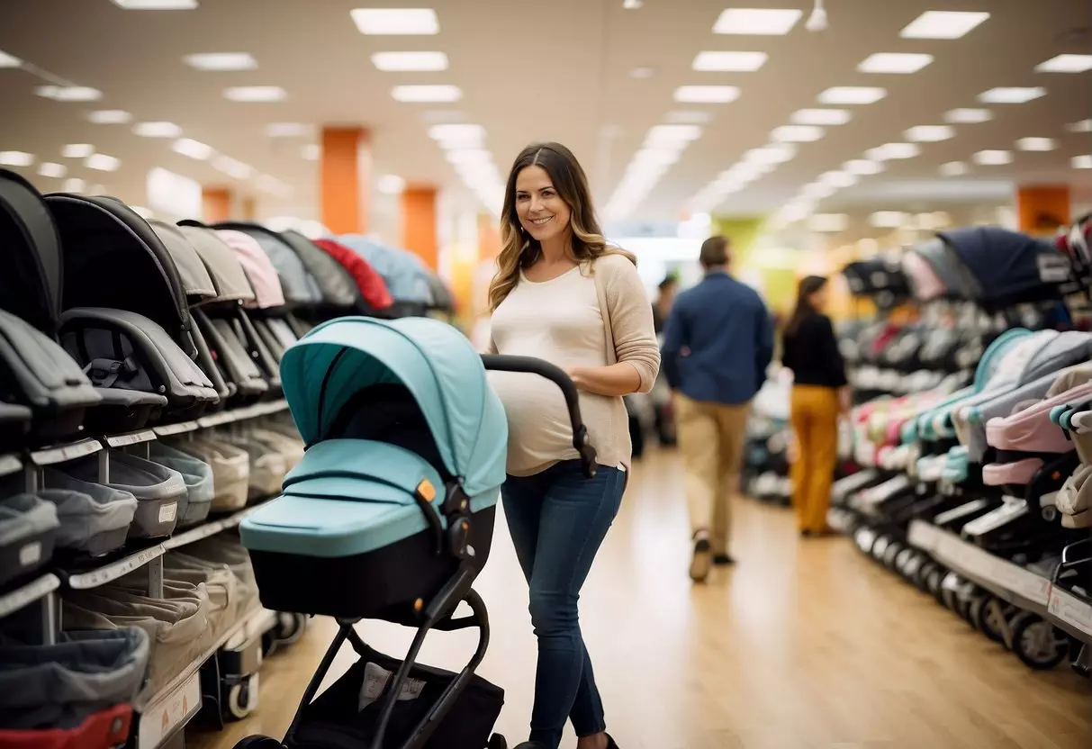 A pregnant woman browsing strollers in a baby store, holding her belly with a smile. Displays of different stroller models in the background