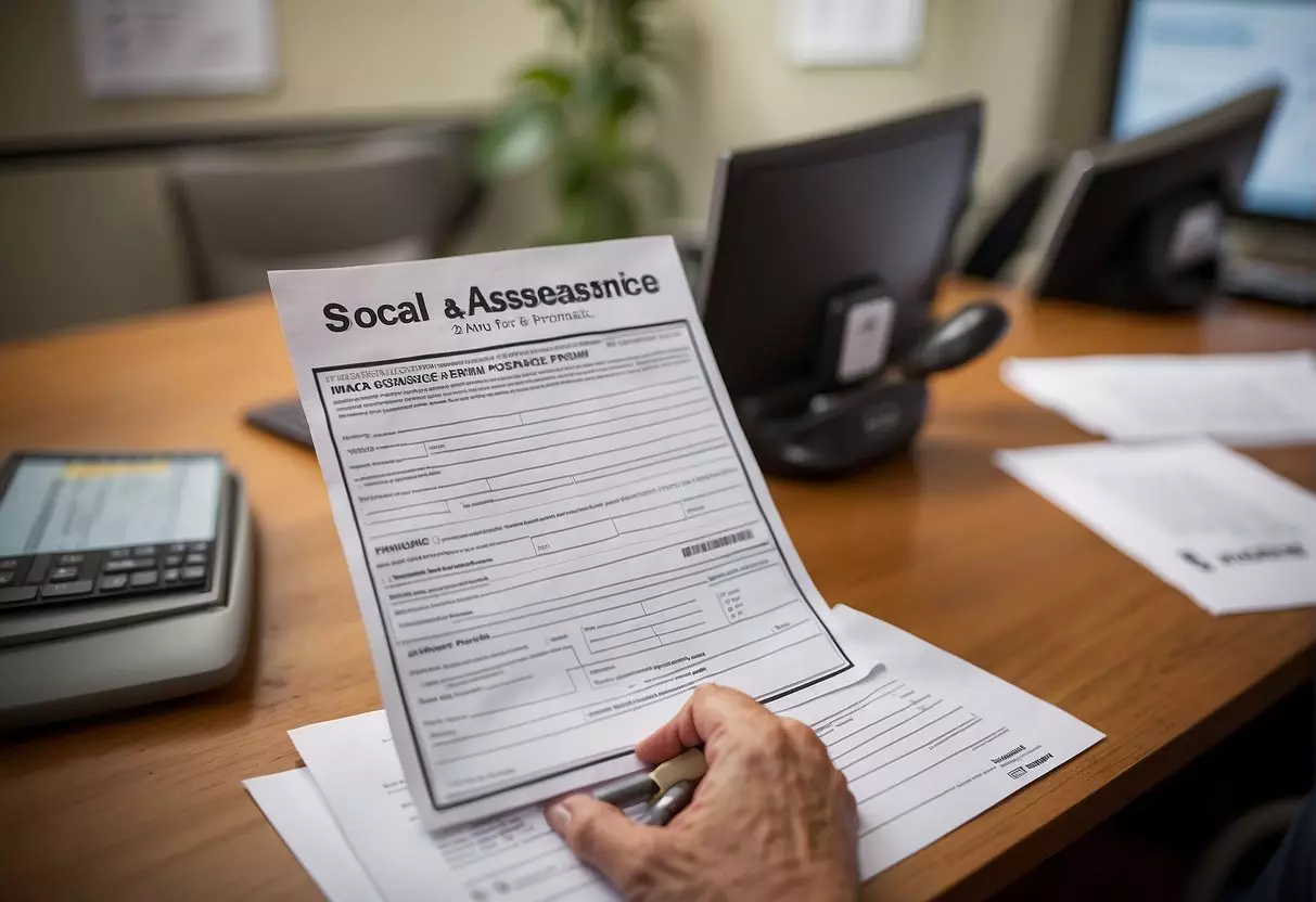 A person filling out paperwork at a social services office, with a sign reading 