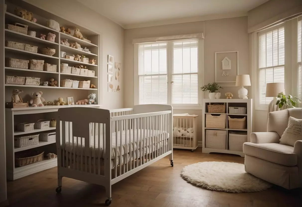 A nursery with empty shelves and a crib, surrounded by question marks and uncertainty