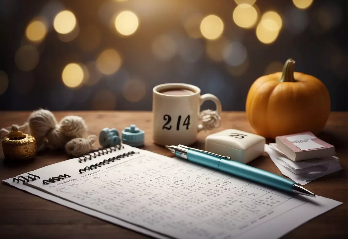 A calendar showing 24 weeks, a shopping list with baby items, and a question mark hovering over the items