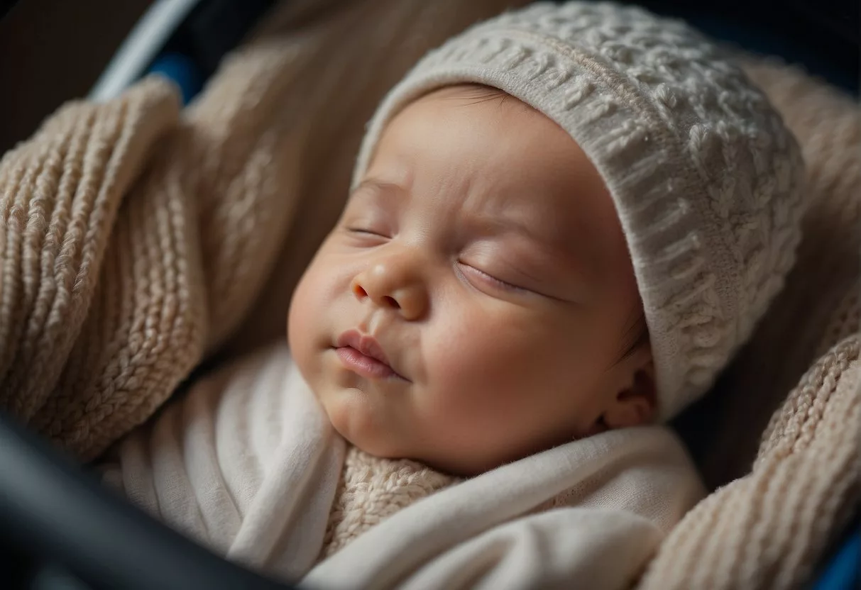 A baby peacefully sleeps in a pram, surrounded by a soft blanket and gentle rocking motion