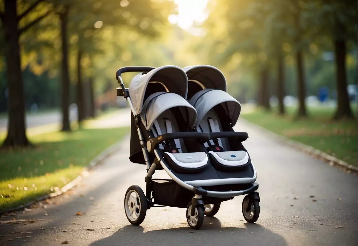 Two children's stroller with two seats, side by side, in a park setting