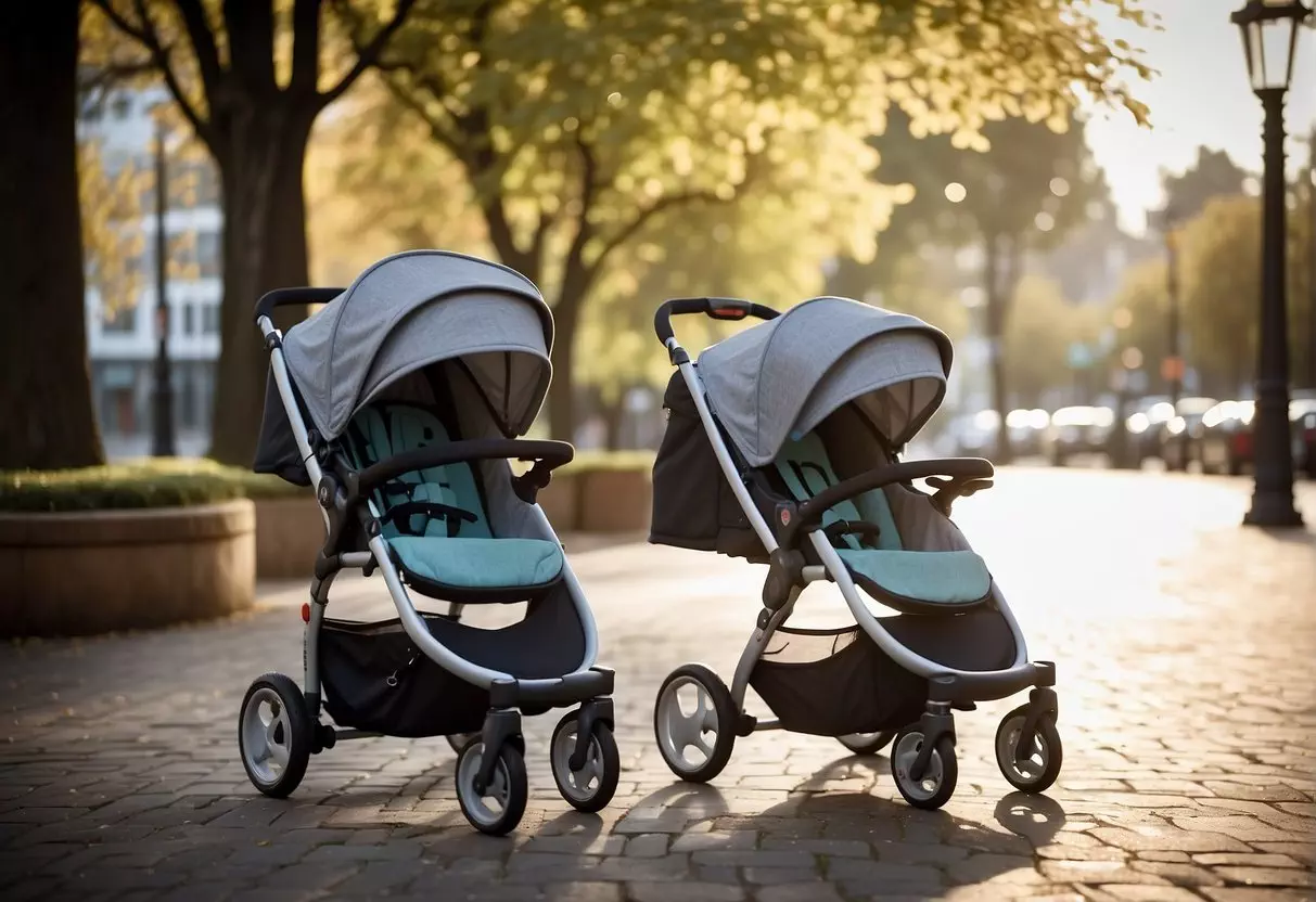 A double stroller with adjustable handlebars, large storage basket, and reclining seats, suitable for two children of different ages