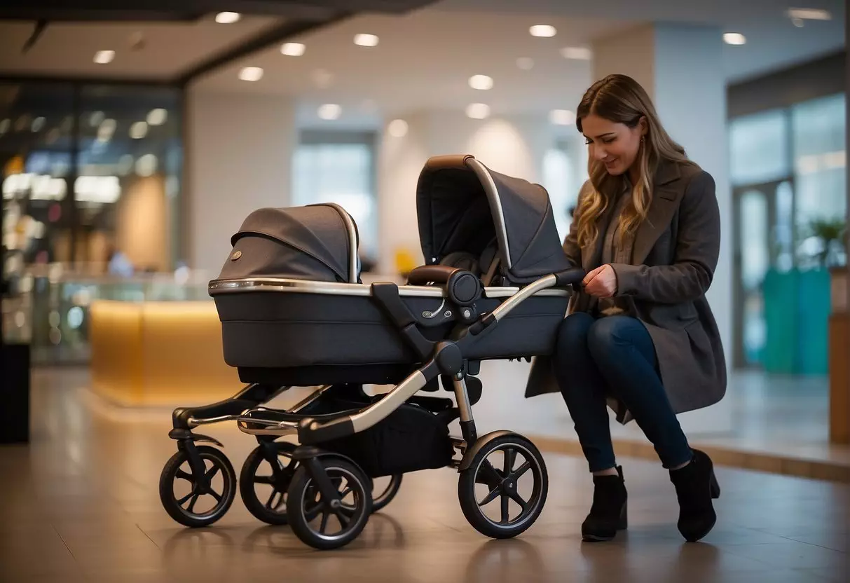 A person comparing pram features and safety, surrounded by various prams and safety equipment