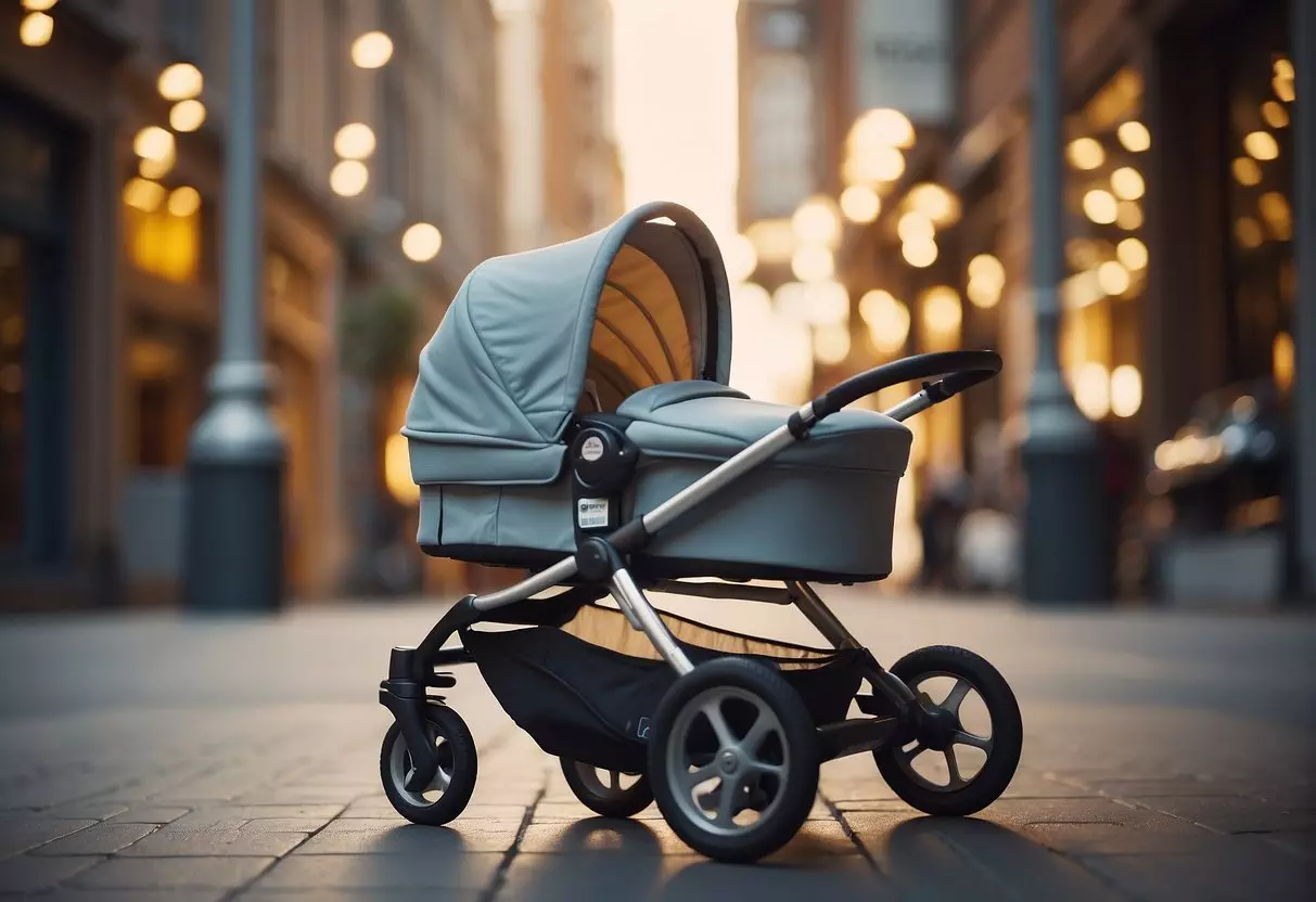 A stroller surrounded by essential baby items, with a price tag and a question mark above it