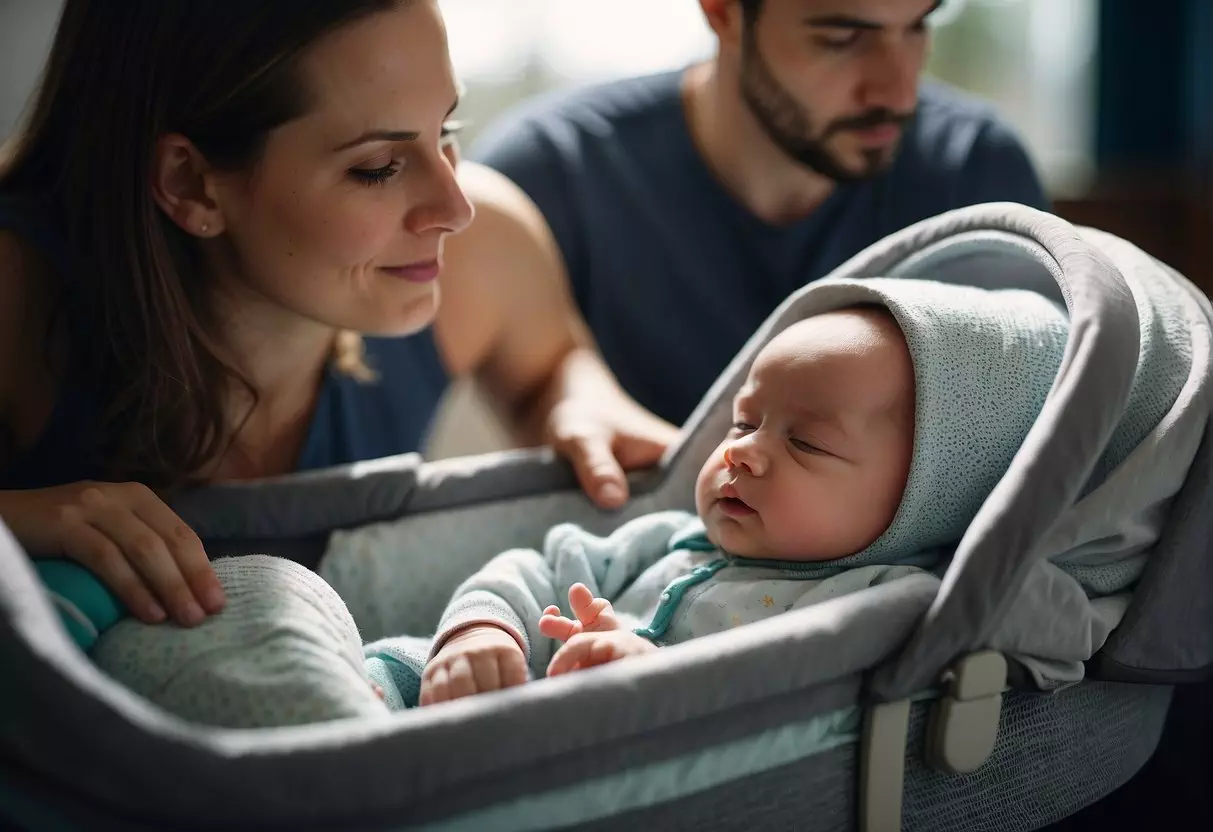 A 3-month-old baby outgrowing a bassinet pram, with a concerned parent looking for the next sleep solution