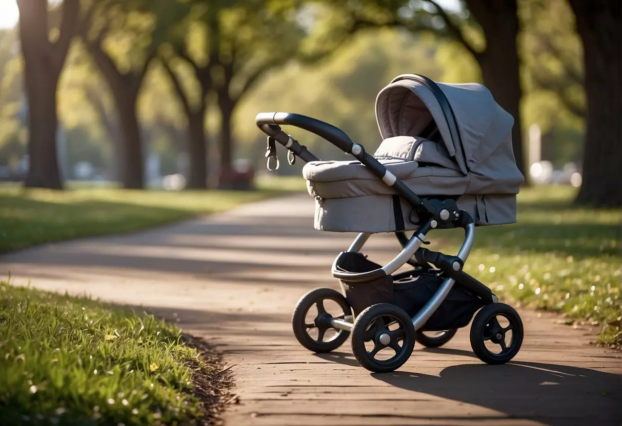 A stroller sits empty in a park, surrounded by scattered toys and a discarded diaper bag