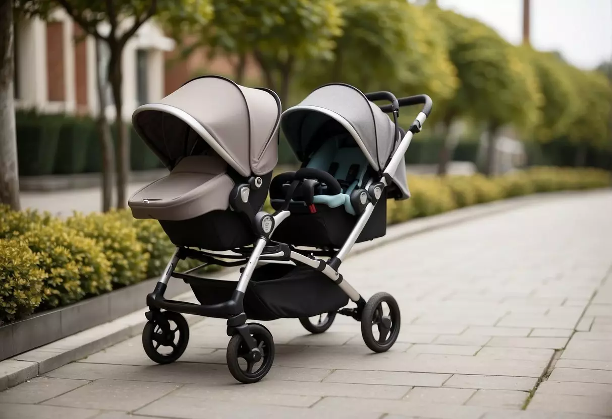 A baby stroller and pushchair side by side, showing stroller with a larger, more solid frame and pushchair with a lighter, more compact design