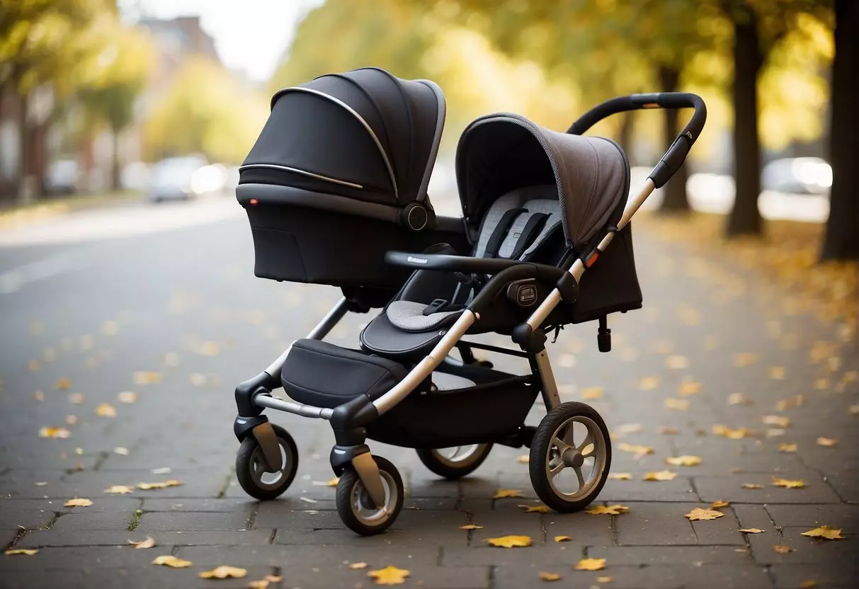 A baby stroller and pushchair sit side by side, showcasing their differences in size, design, and functionality