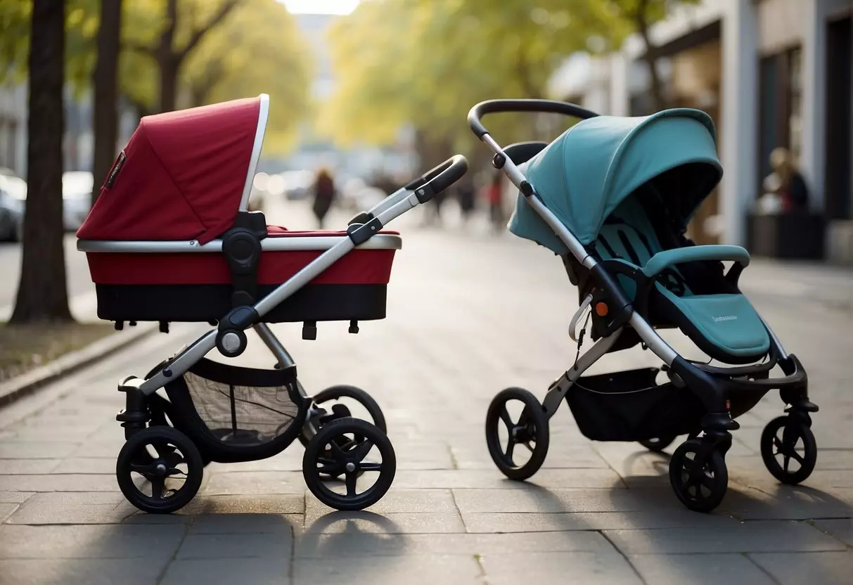 A pram and stroller sit side by side, with a questioning expression above them