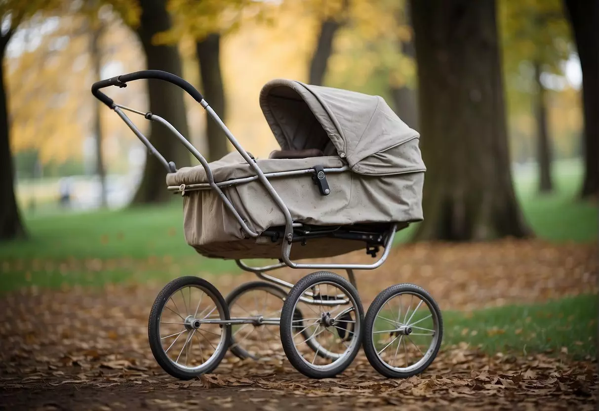 A well-worn pram sits abandoned in a park, its wheels caked with mud and its fabric canopy faded from years of use