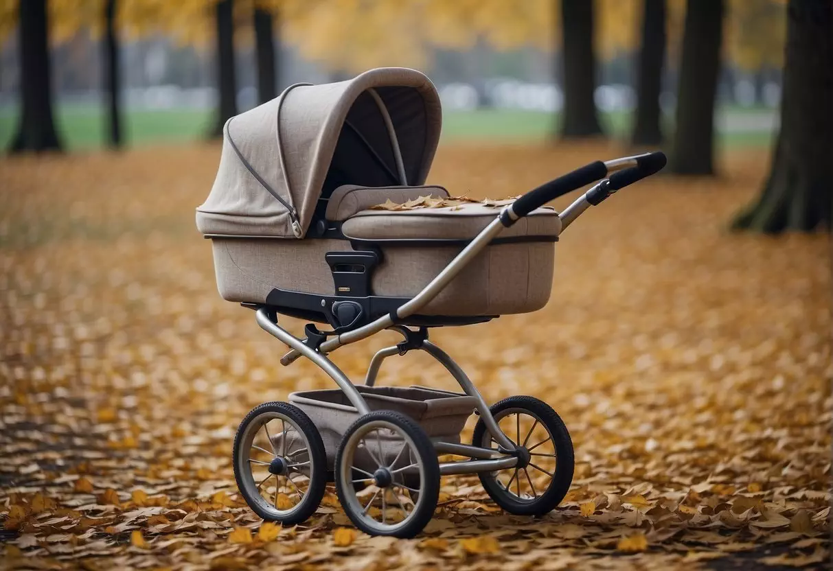 A well-worn pram sits in a park, surrounded by fallen leaves and with a faded fabric seat. Its wheels show signs of wear from years of use