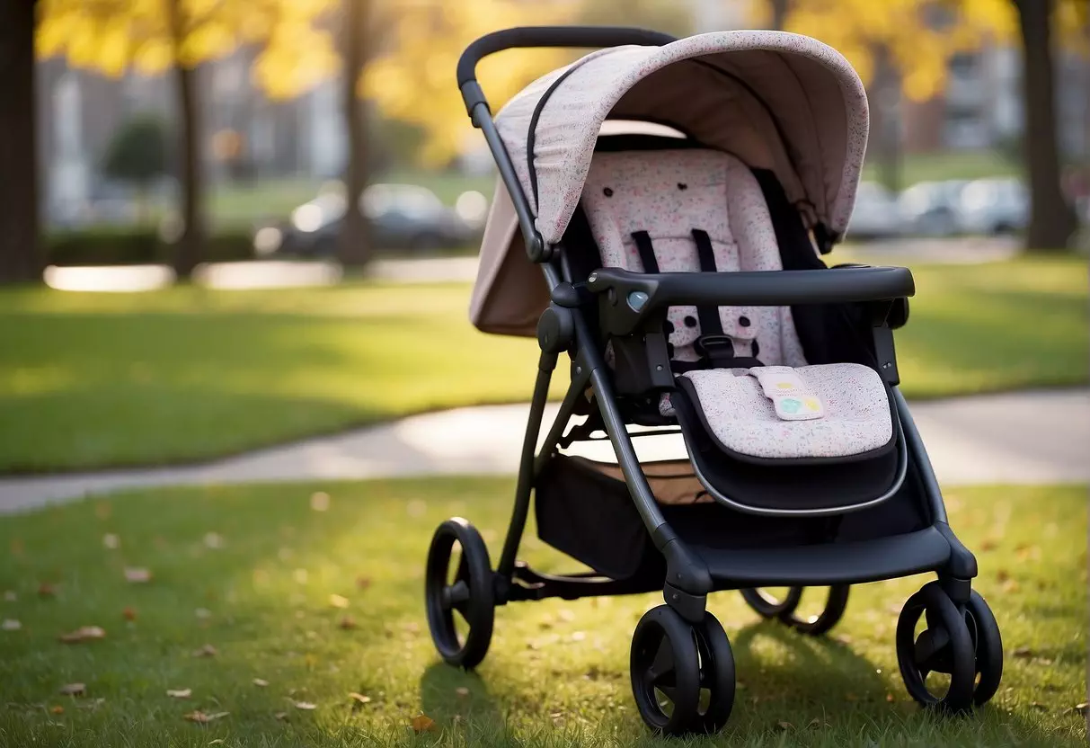 A stroller with adjustable straps and a reclining seat, surrounded by toys and a sippy cup, set against a backdrop of a park or sidewalk