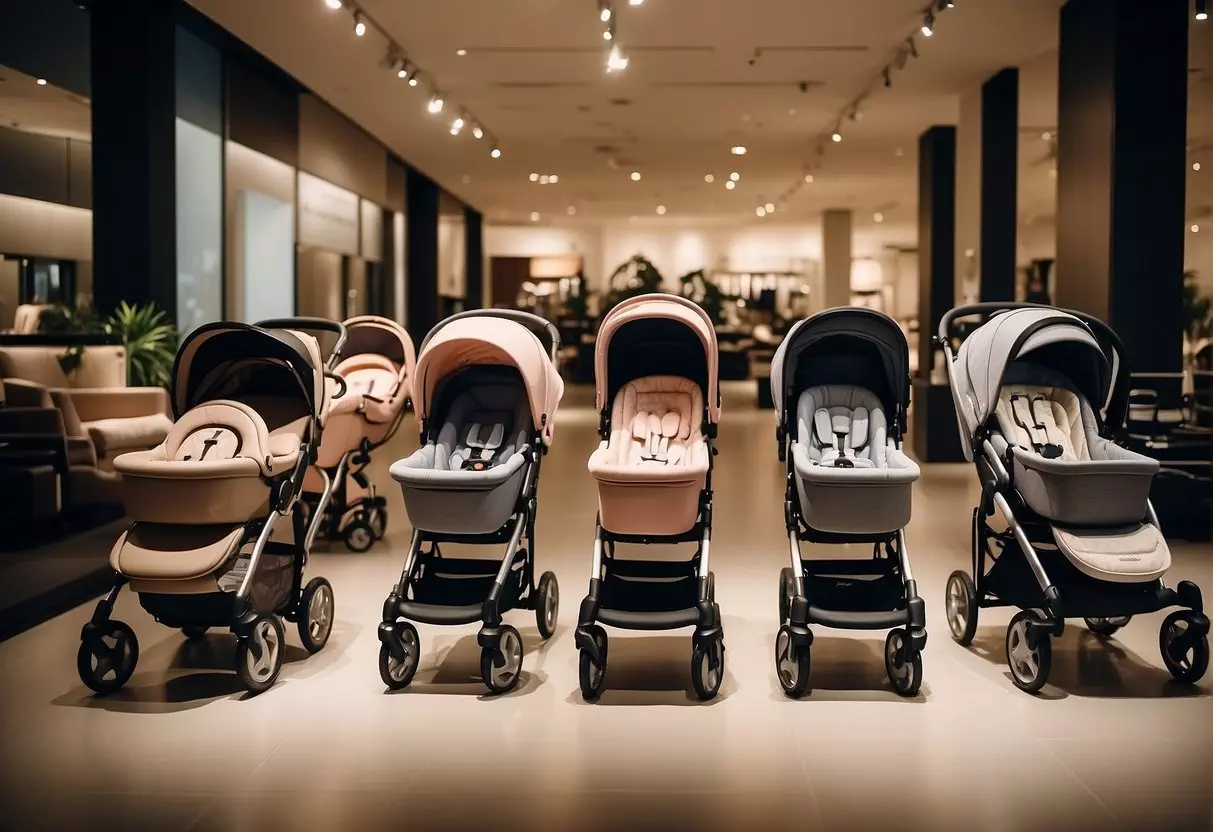 A row of high-end baby strollers displayed in a chic boutique, with sleek designs and luxurious fabrics, surrounded by price tags