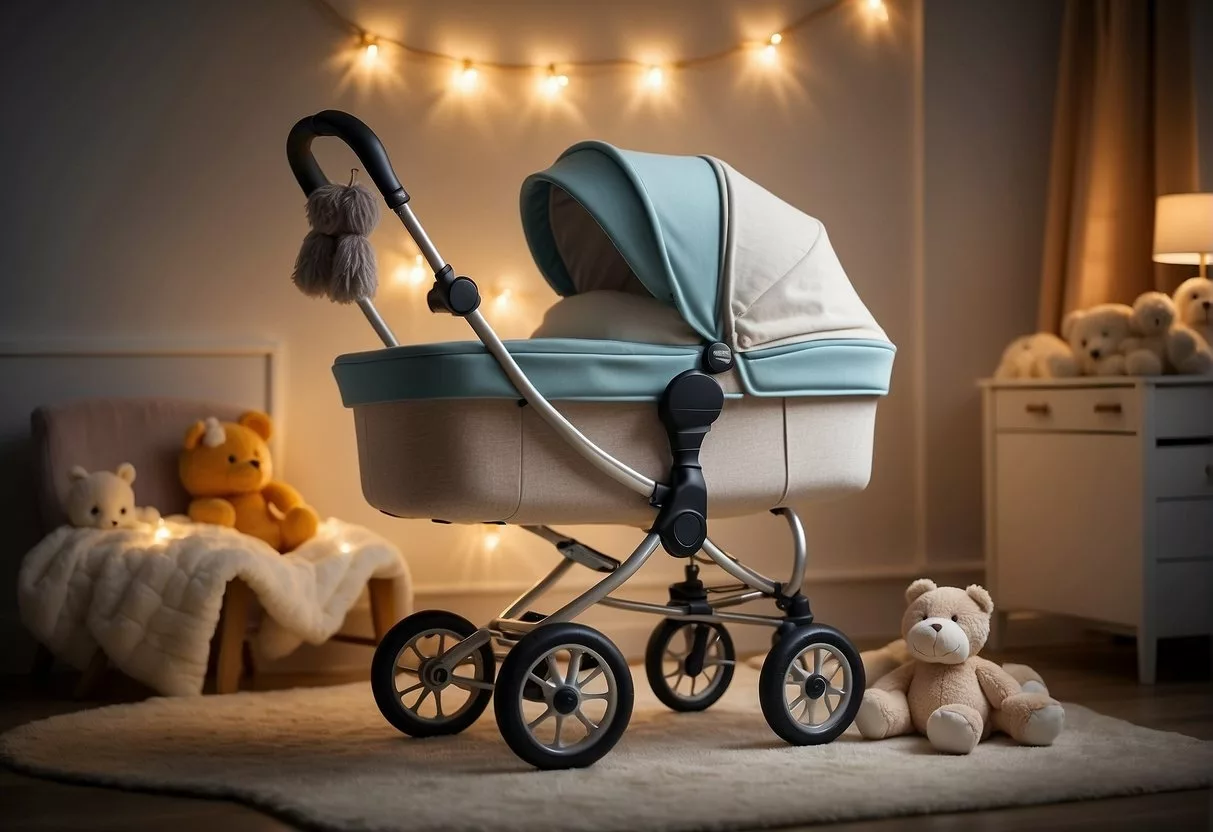 A brand new, sleek pram sits in a softly lit nursery, surrounded by plush toys and a cozy blanket. The room is filled with anticipation and excitement for the arrival of a new baby