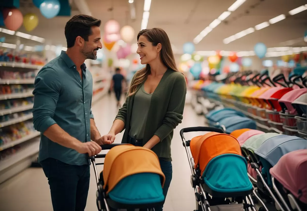 A couple stands in a baby store, surrounded by rows of colorful prams. They look at different models, considering the best option for their growing family