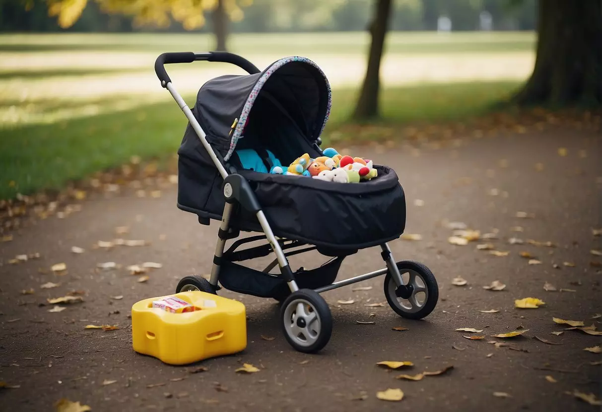 A child's empty pushchair sits abandoned in a park, surrounded by scattered toys and a half-eaten snack