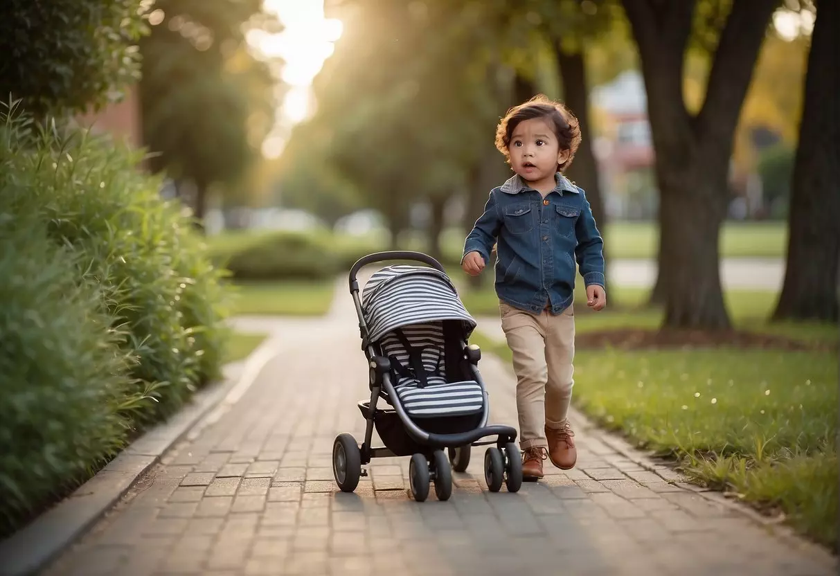 A child pushes a stroller aside and confidently walks forward, symbolizing the transition from dependence to independence in early childhood development