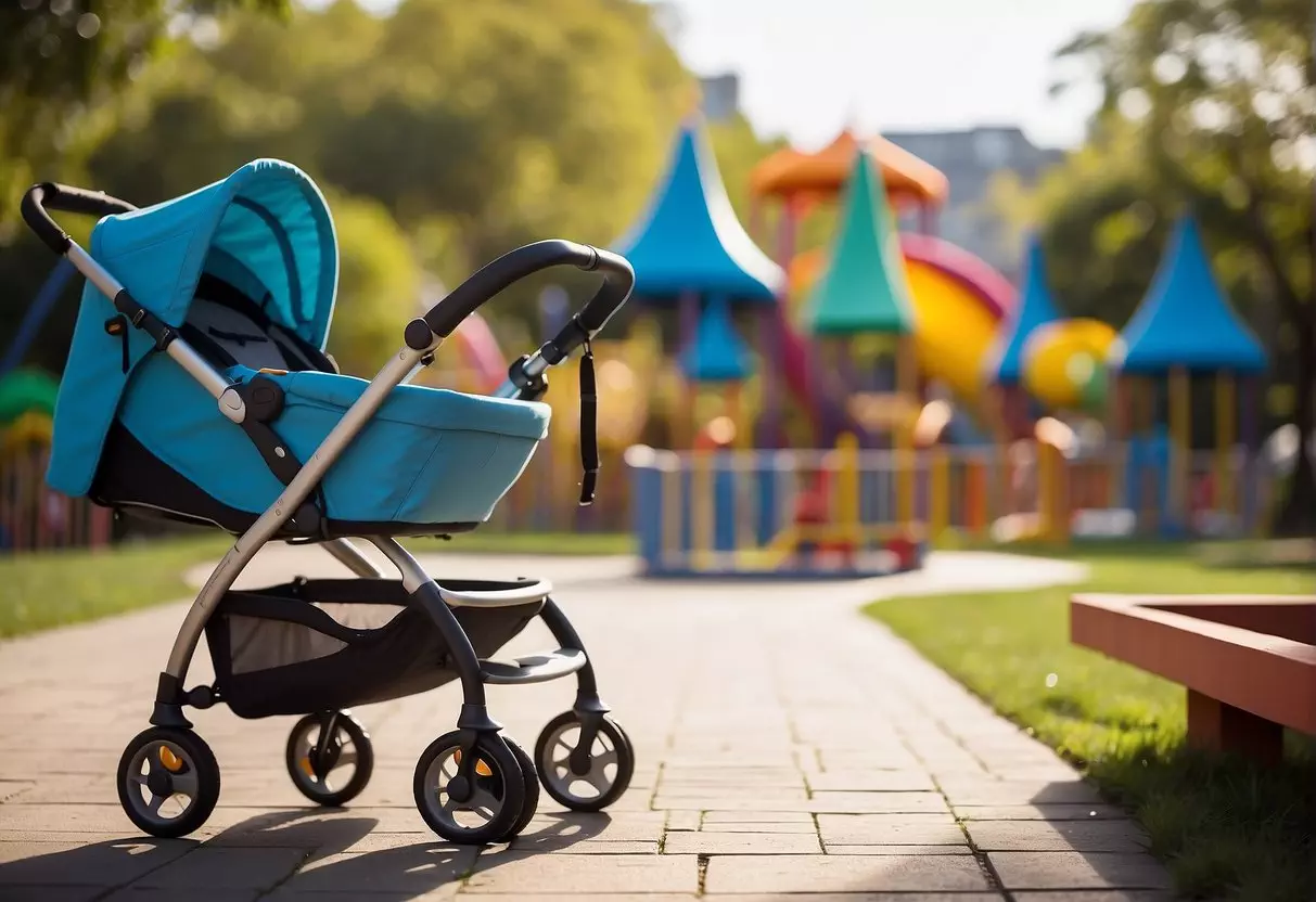 A stroller with adjustable straps and a sturdy frame, parked near a playground with colorful toys and children playing