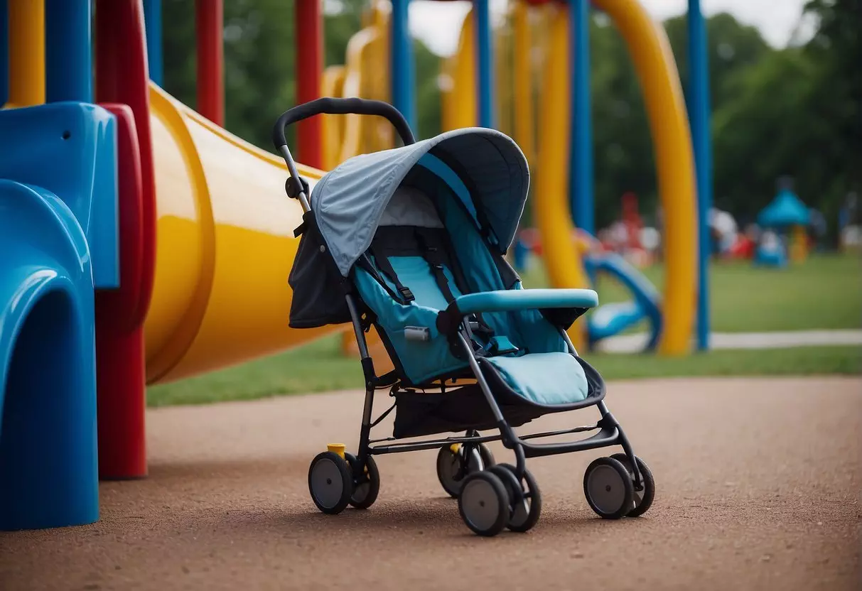 A sturdy stroller parked next to a playground slide, with a small backpack and water bottle tucked into the storage compartment