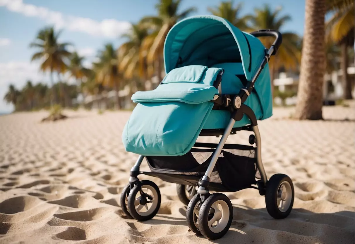 A colorful stroller parked near a sandy beach with a small bag and toys inside, surrounded by palm trees and a clear blue sky