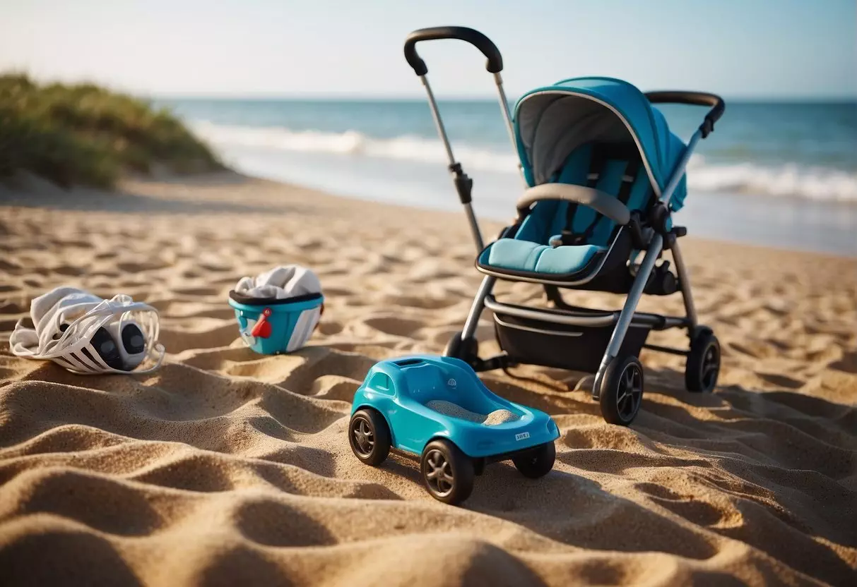 A 5-year-old's belongings scattered on a sandy beach, with a stroller sitting unused in the background