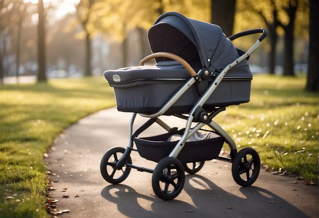 A 2-year-old pram sits empty in a sunny park