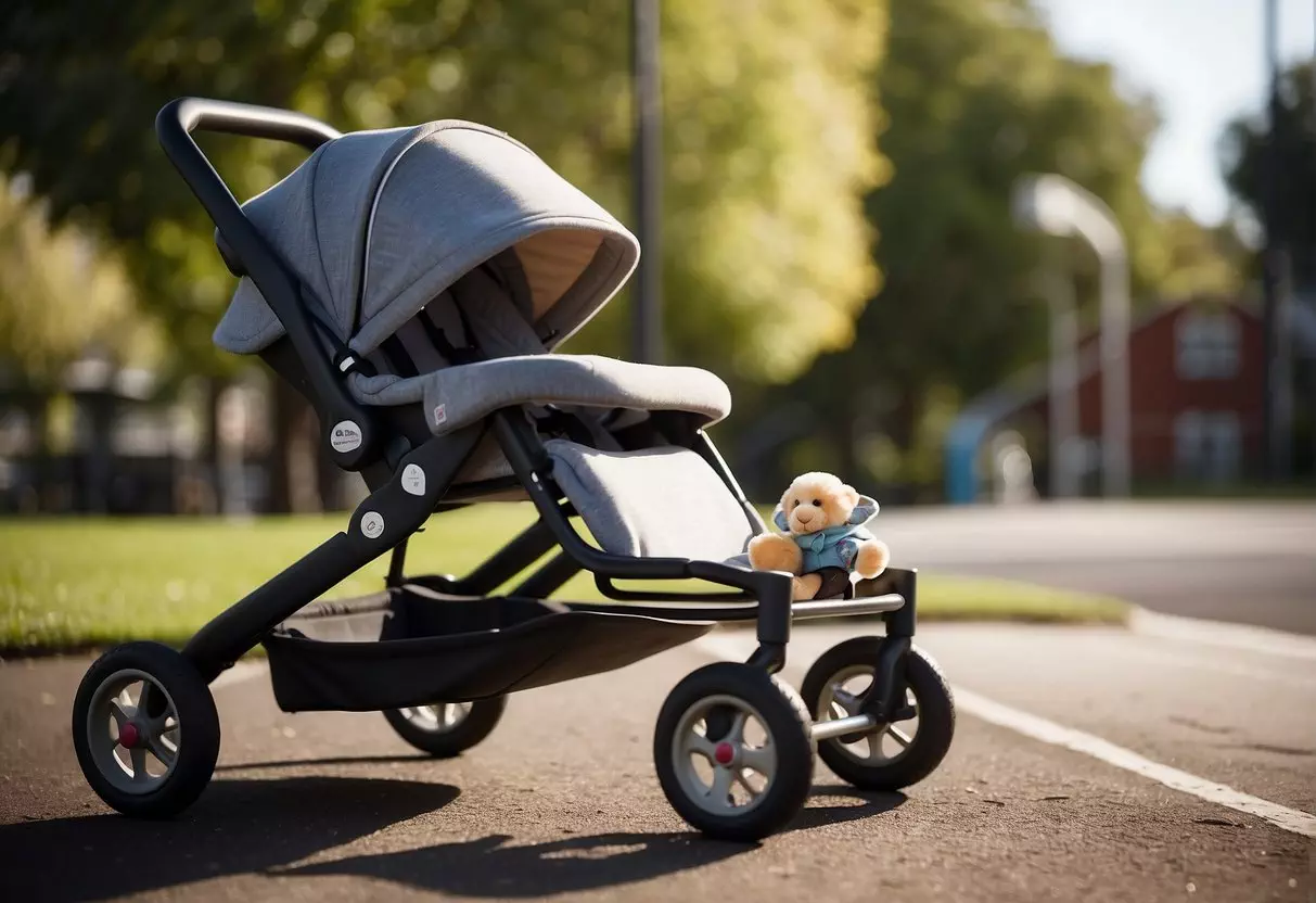 A sturdy, compact pram parked next to a playground slide, with a toddler's favorite toy peeking out from the storage compartment