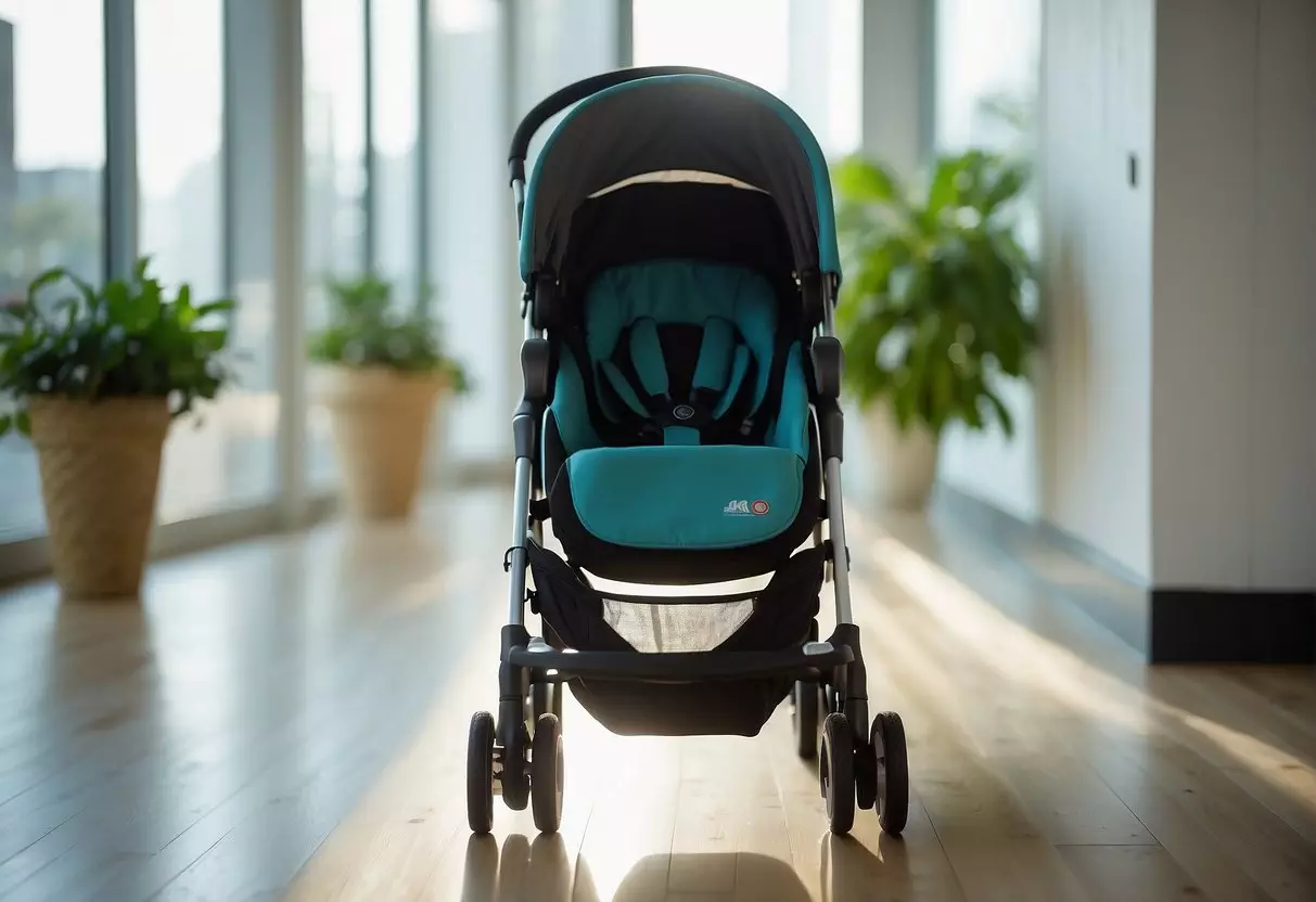 A second-hand pushchair sits in a bright, airy room. It appears sturdy and well-maintained, with no visible damage or wear