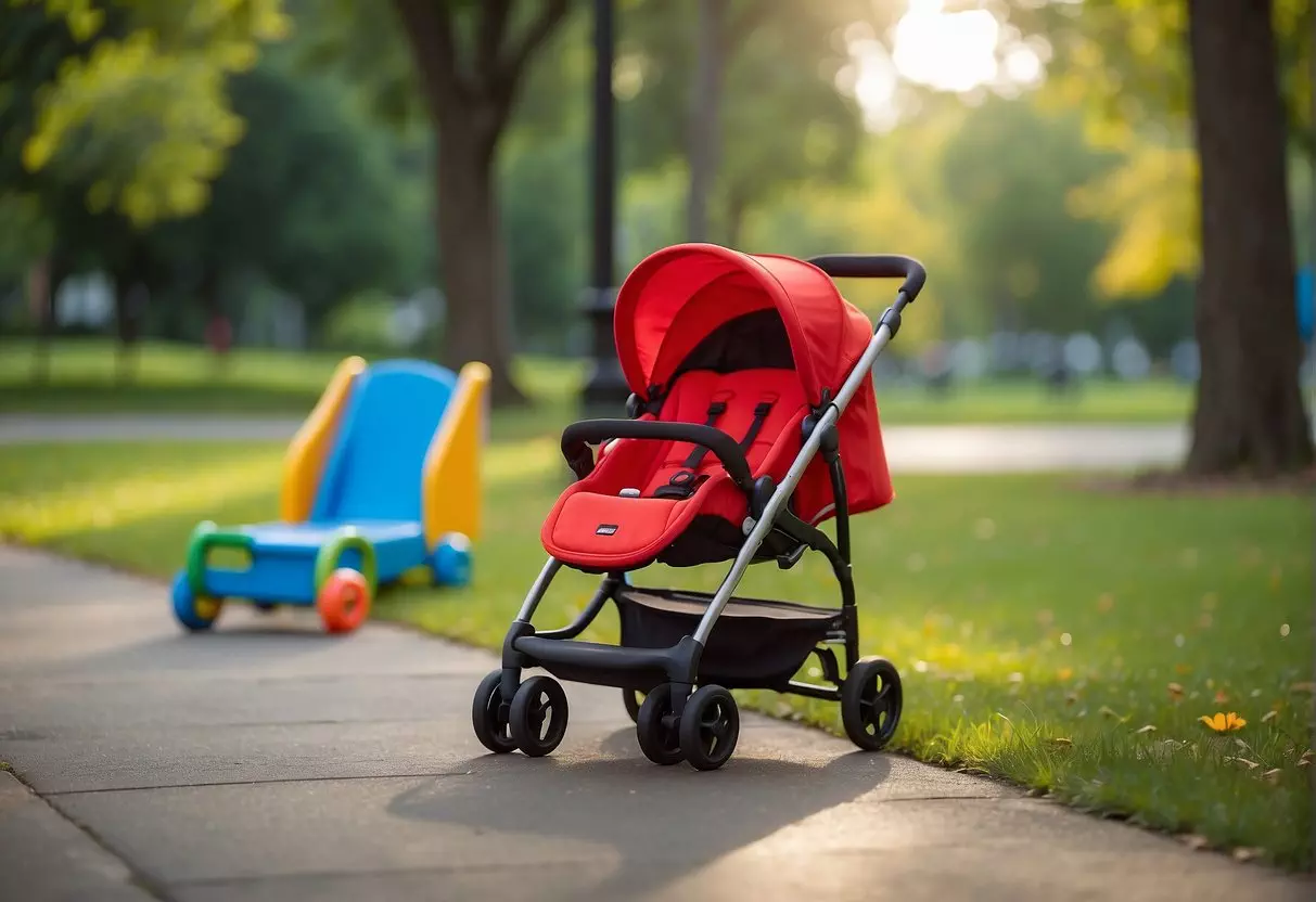 A bright red stroller sits empty in a park, surrounded by colorful toys and a small backpack. A child's shoe is tucked into the seat