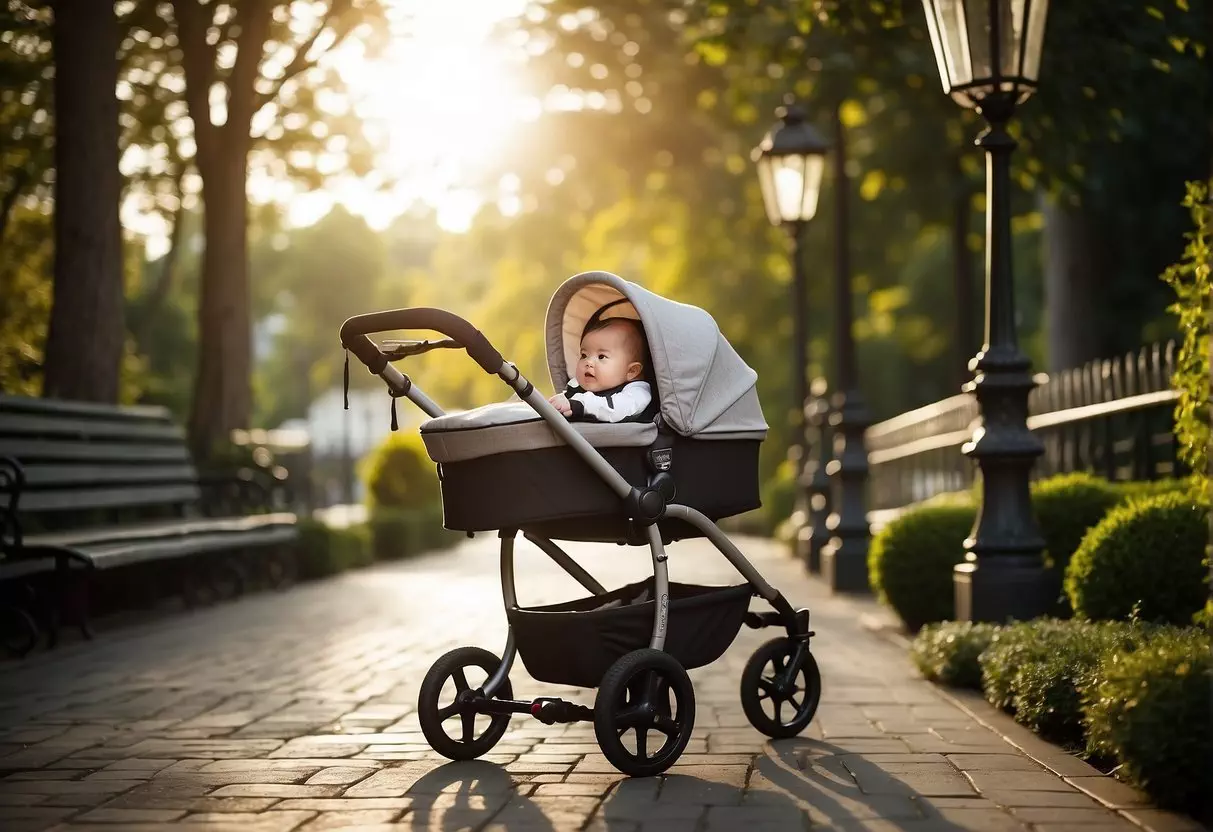 A 6-month-old needs a sturdy, reclining stroller with a five-point harness, large sun canopy, and adjustable handlebar for comfortable pushing