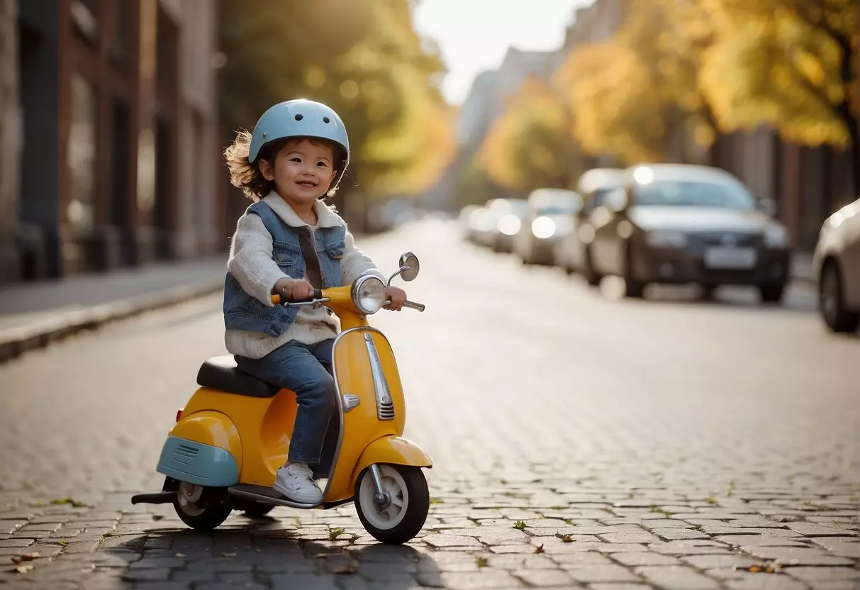 An older child riding a scooter with a detachable storage basket for belongings