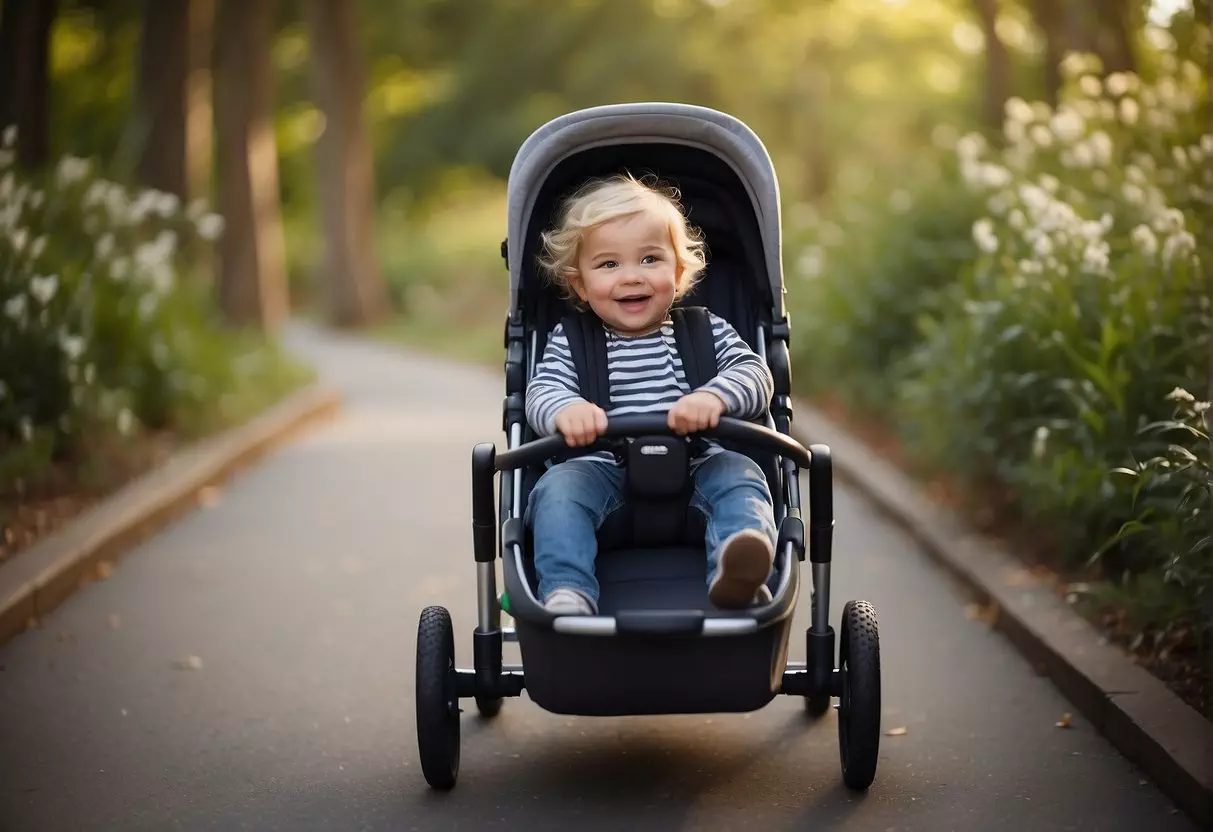 A child, too big for a pram, rides in a sturdy wagon with a comfortable seat and safety harness, pulled by a parent or caregiver