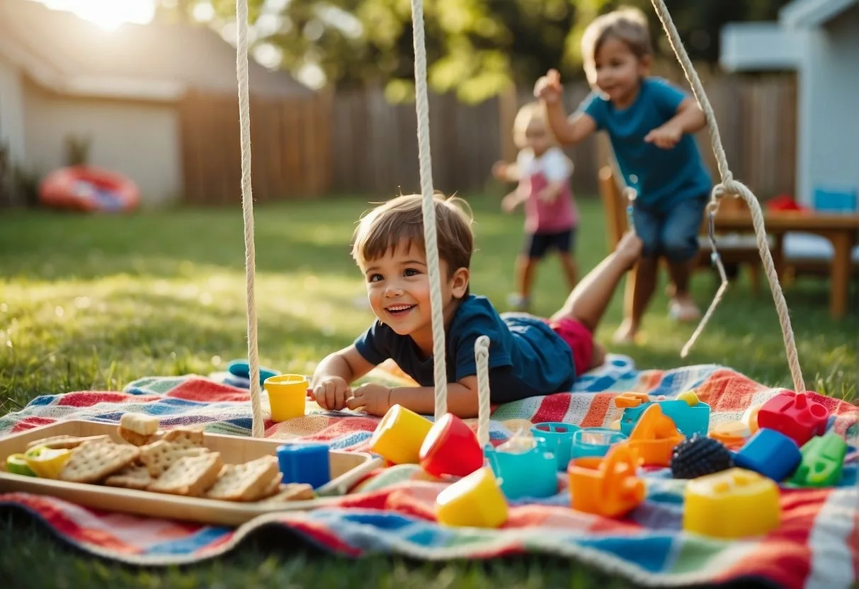 Kids playing in a backyard with a sandbox, swing set, and colorful toys scattered around. A picnic blanket is laid out with snacks and drinks for a fun playdate