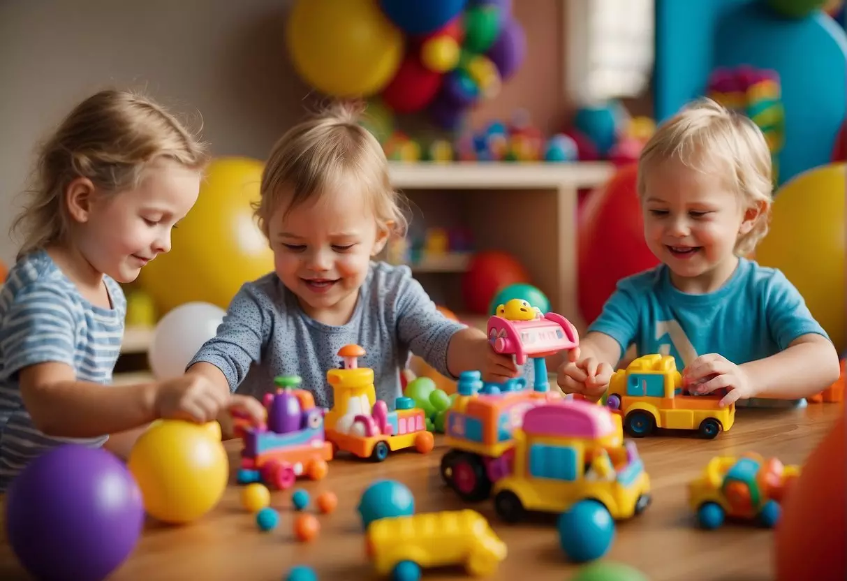 Toddlers play with themed toys and costumes at a colorful playdate setup with themed decorations and activities