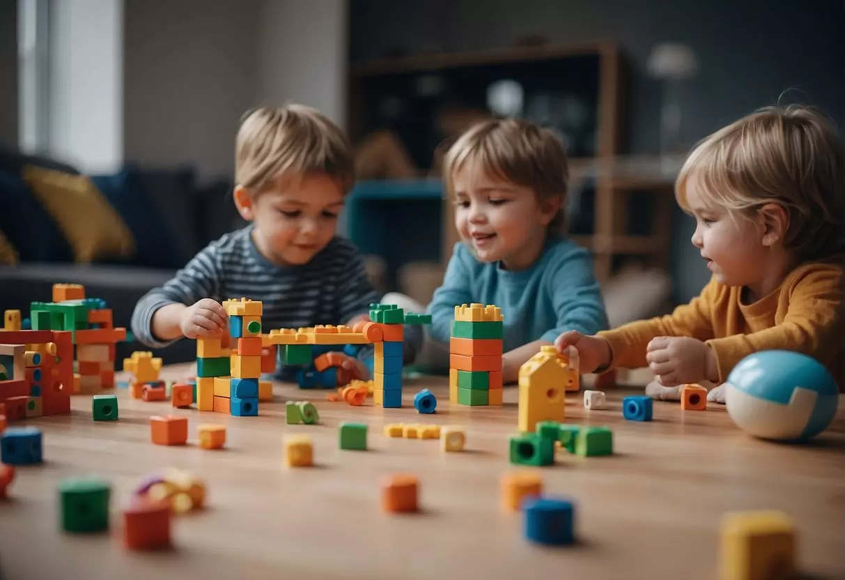 Kids playing with toys, drawing, and building blocks at a playdate