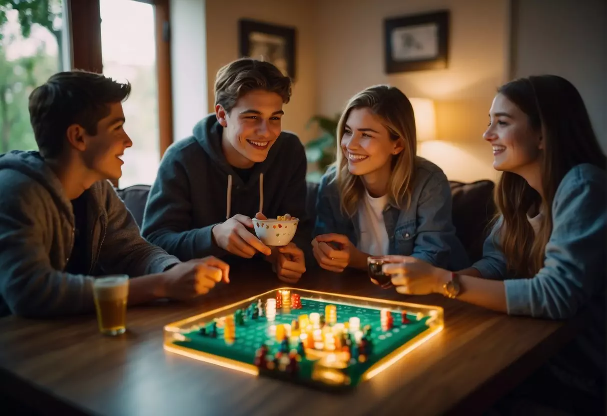 Teens playing board games, chatting, and snacking in a cozy living room with soft lighting and comfortable seating