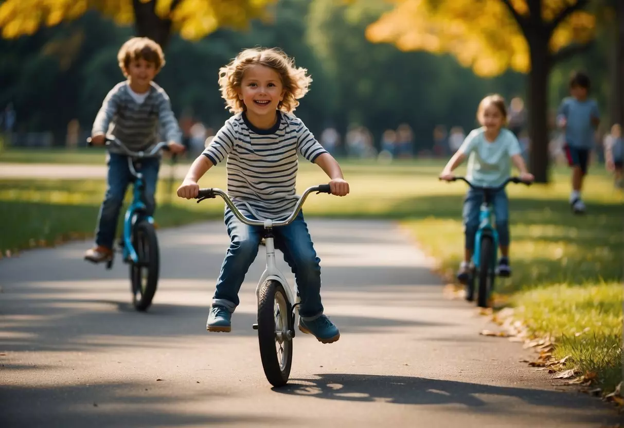 Children playing soccer, jumping rope, and riding bikes in a park