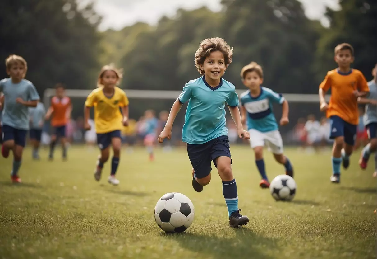 Children playing soccer on a grass field with colorful jerseys, kicking a ball towards a goal with cheering spectators in the background