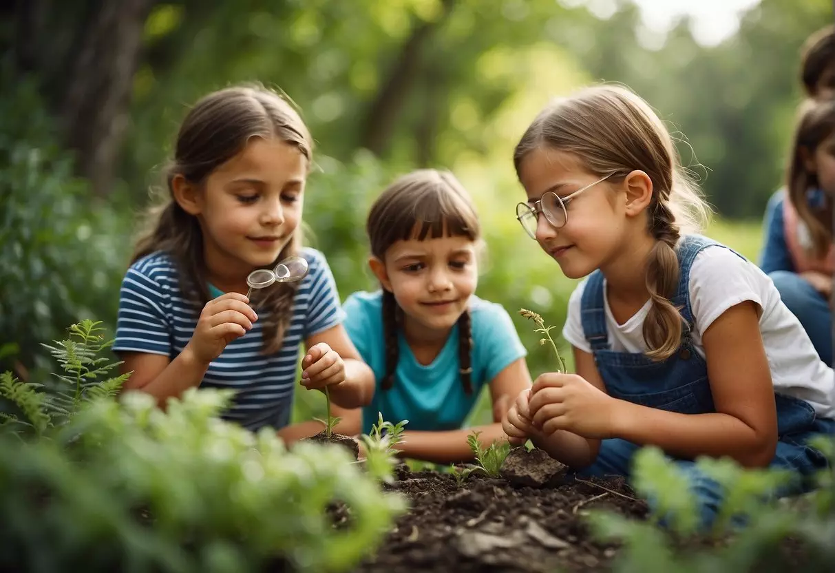 Children examine plants, insects, and rocks with magnifying glasses in a nature-filled outdoor setting. They engage in hands-on science experiments and discovery activities