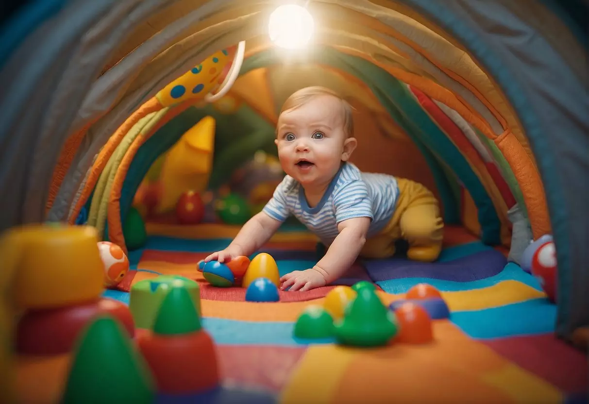 A baby reaching for colorful toys on a play mat, while another baby crawls through a tunnel, and a third baby grasps and shakes a rattle